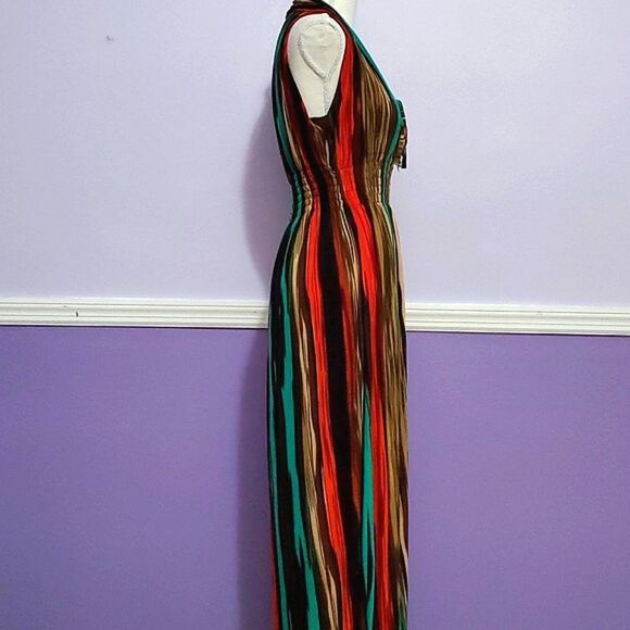 India Batik Colorful Striped High Neck Smocking Waist Jersey Maxi Dress - Picture 6 of 9